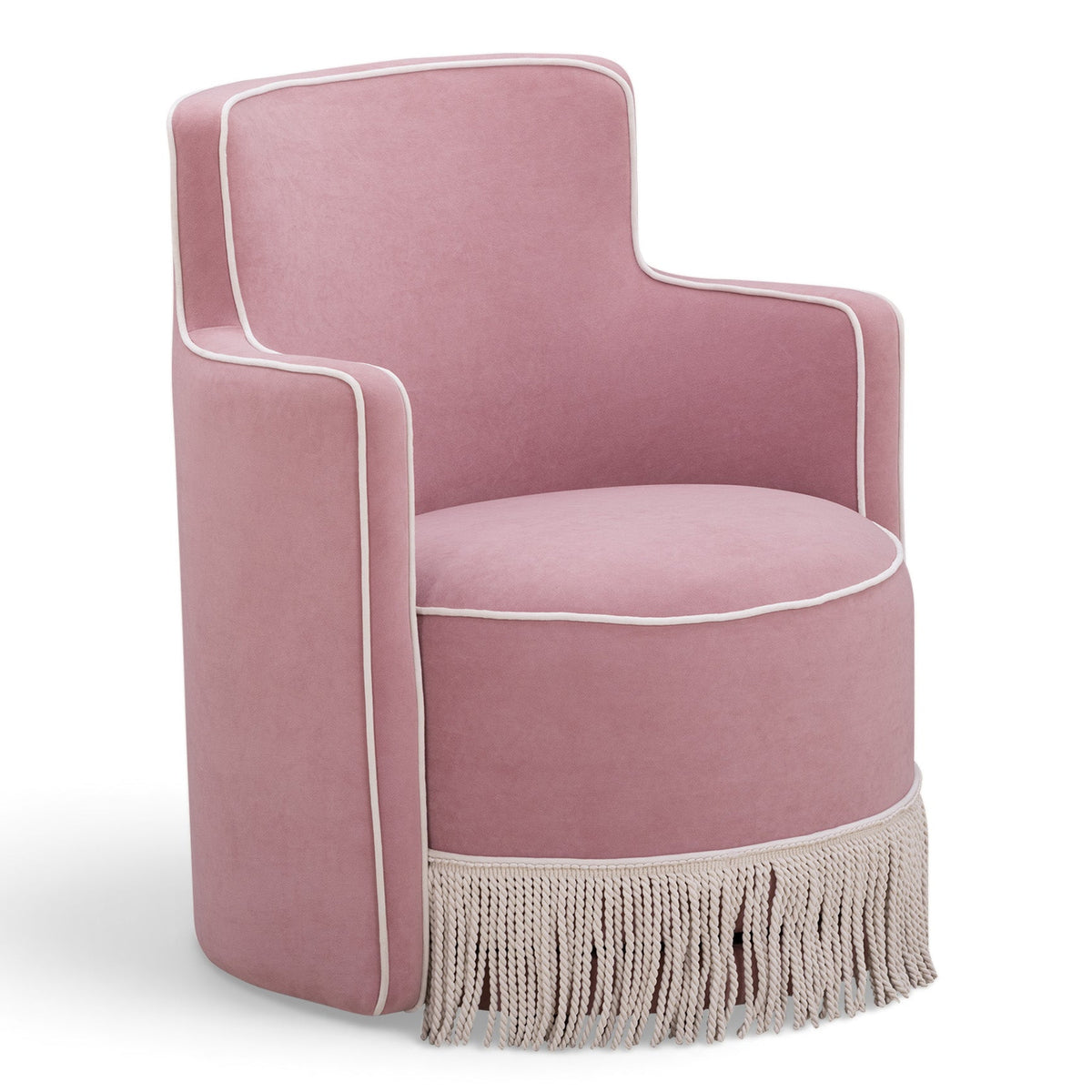 TOV Furniture Passe Tasseled Velvet Swivel Accent Chair in pink velvet, primary product view