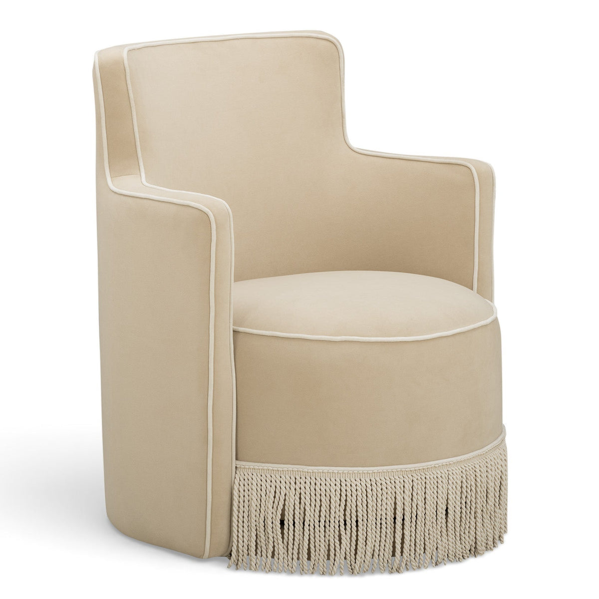 TOV Furniture Passe Tasseled Velvet Swivel Accent Chair in tan velvet, primary product view
