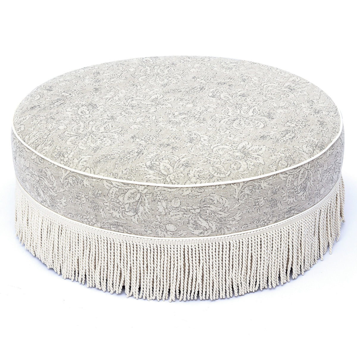 TOV Furniture Tassy Neutral Floral Tasseled Round Ottoman
