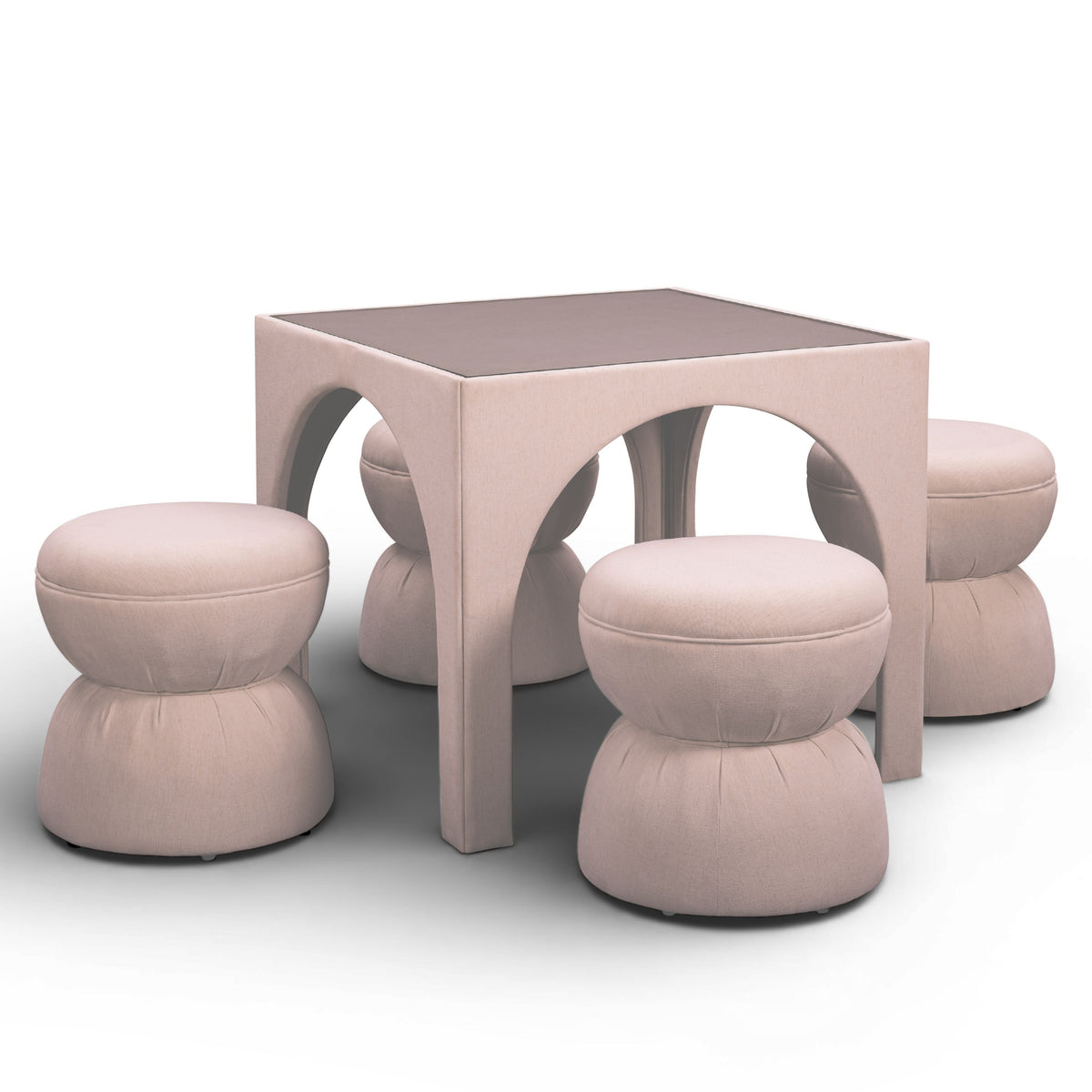 TOV Furniture Tomlin Performance Chenille Game Table and Two Ottomans Set in light pink chenille, primary product view