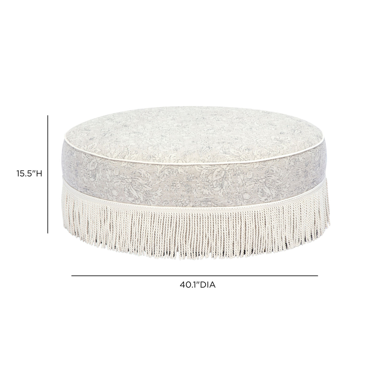 TOV Furniture Tassy Neutral Floral Tasseled Round Ottoman