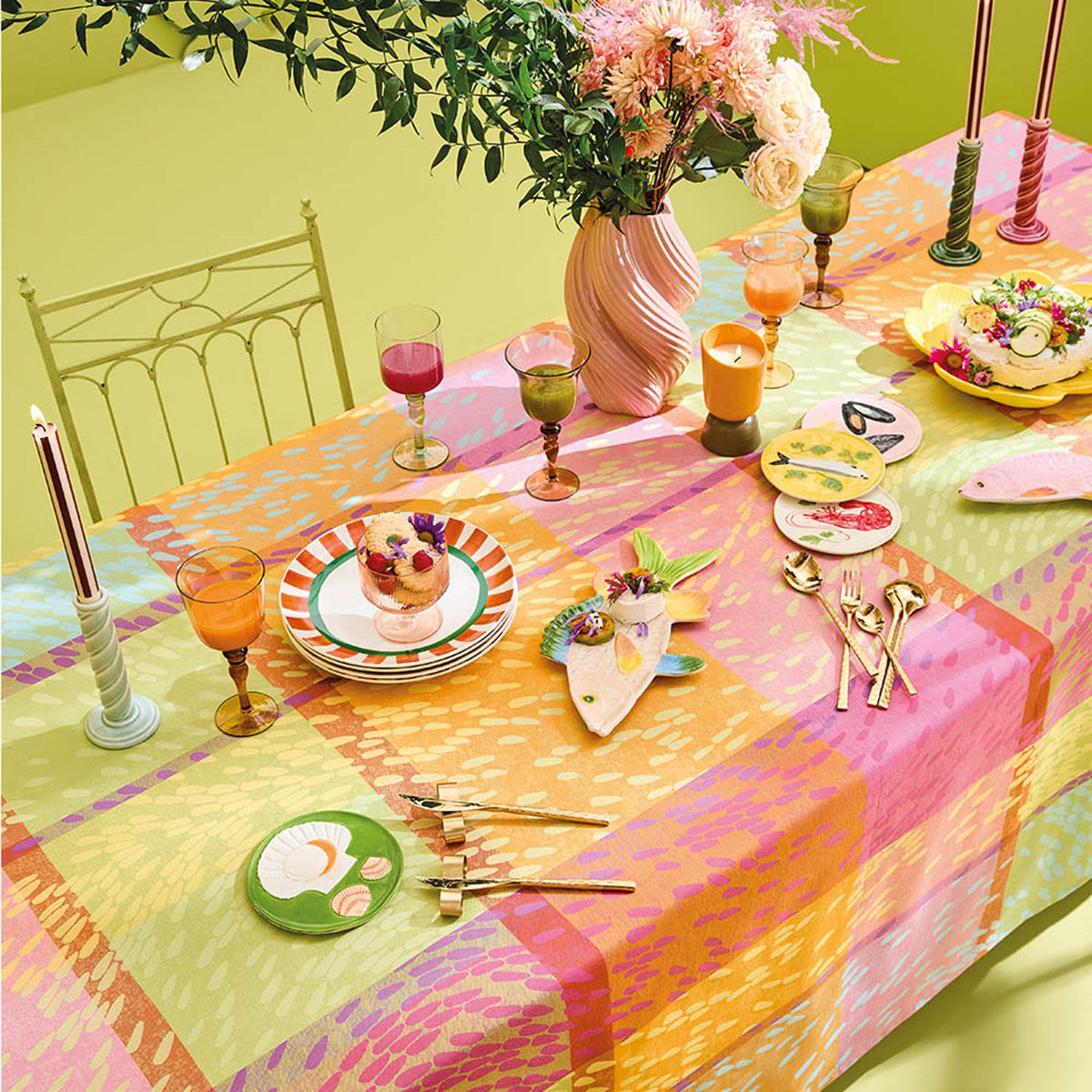 Garnier Thiebaut Mille Sources Berlingot Jacquard Tablecloth in pink, orange, and green cotton jacquard, primary product view