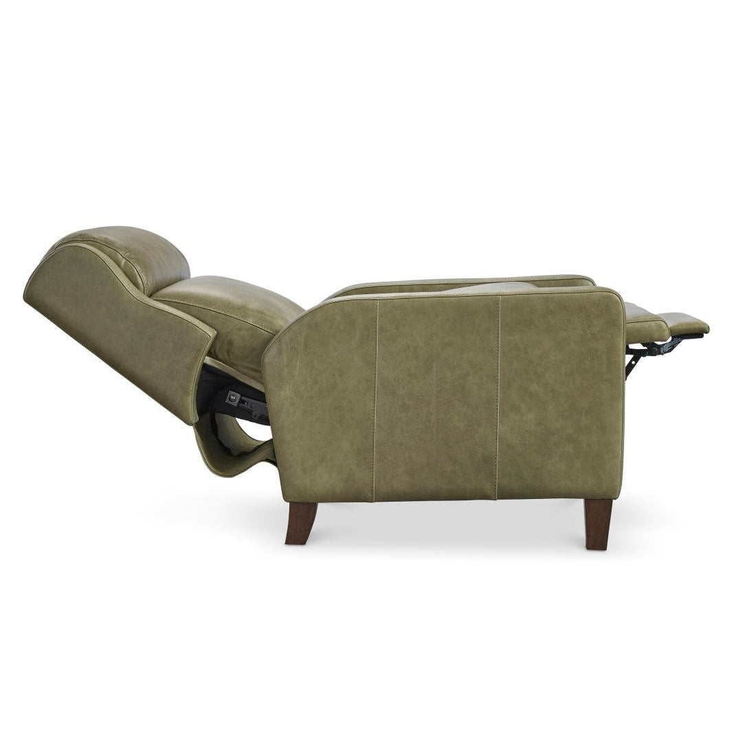 Bernhardt Motion Hampton Leather Recliner in Olive, back view