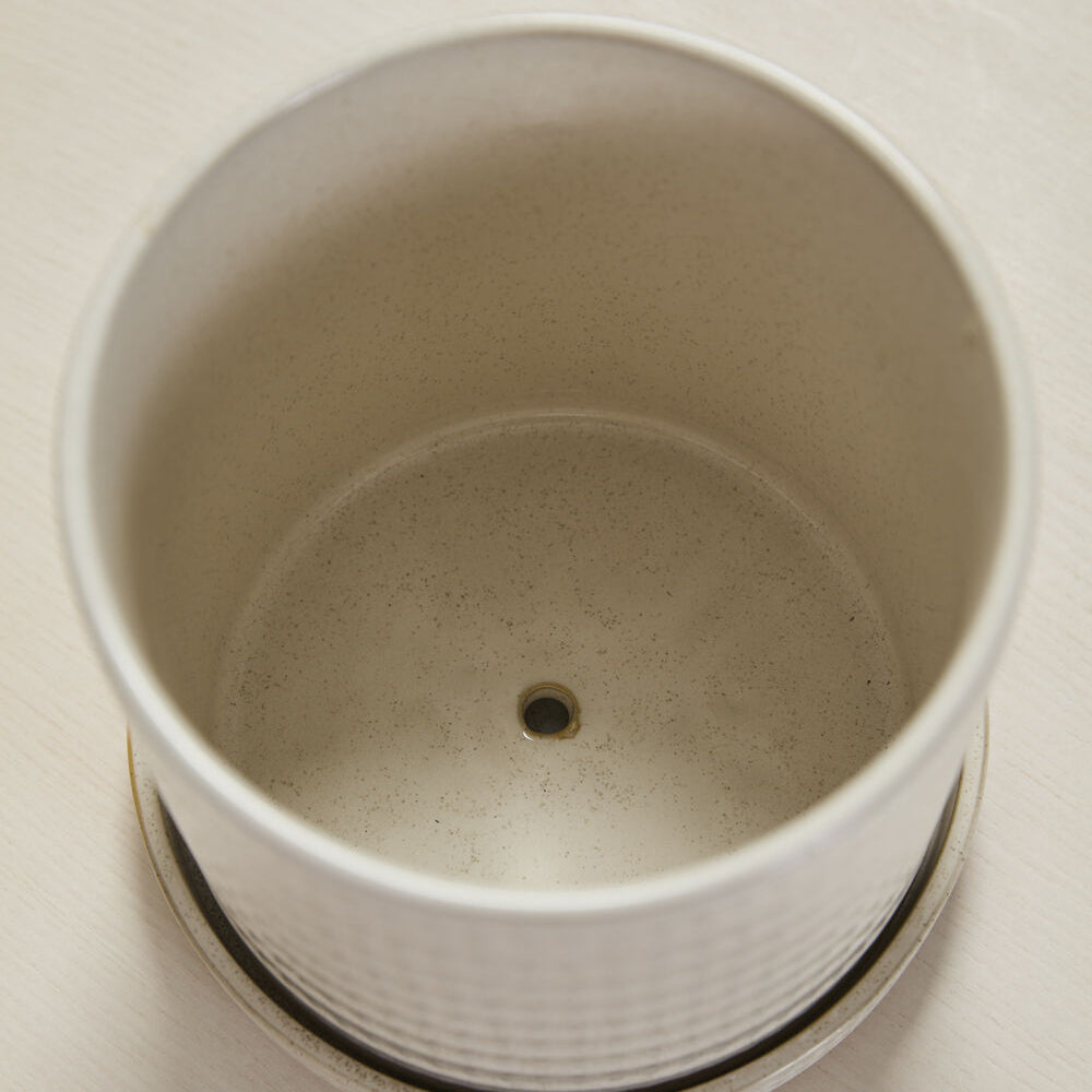 Morse Pot with Saucer alternate view, warm white ceramic planter with saucer