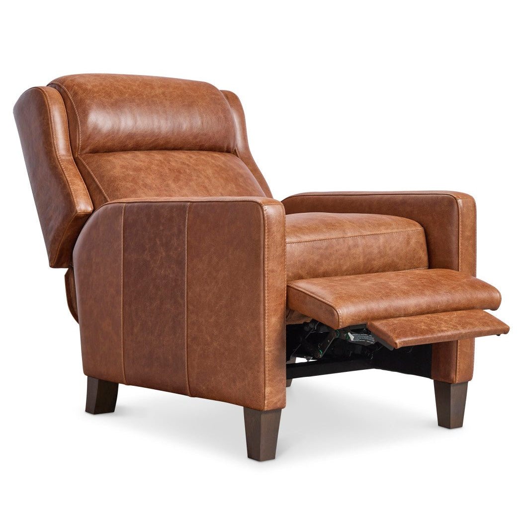 Bernhardt Motion Hampton Leather Recliner in Umber, angled three-quarter view