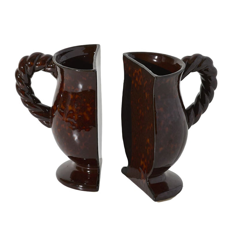 Split Vase Bookend Set styled view, brown glossy ceramic vase bookends