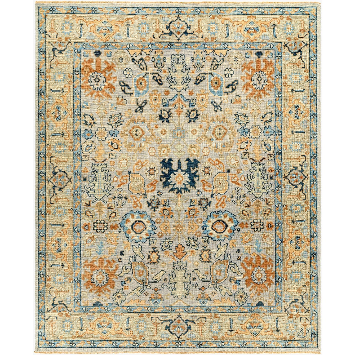 Surya Reign REG-2314 Hand Knotted Rug in pure New Zealand wool, Blue, Brown, Peach, Navy, Light Brown, Denim