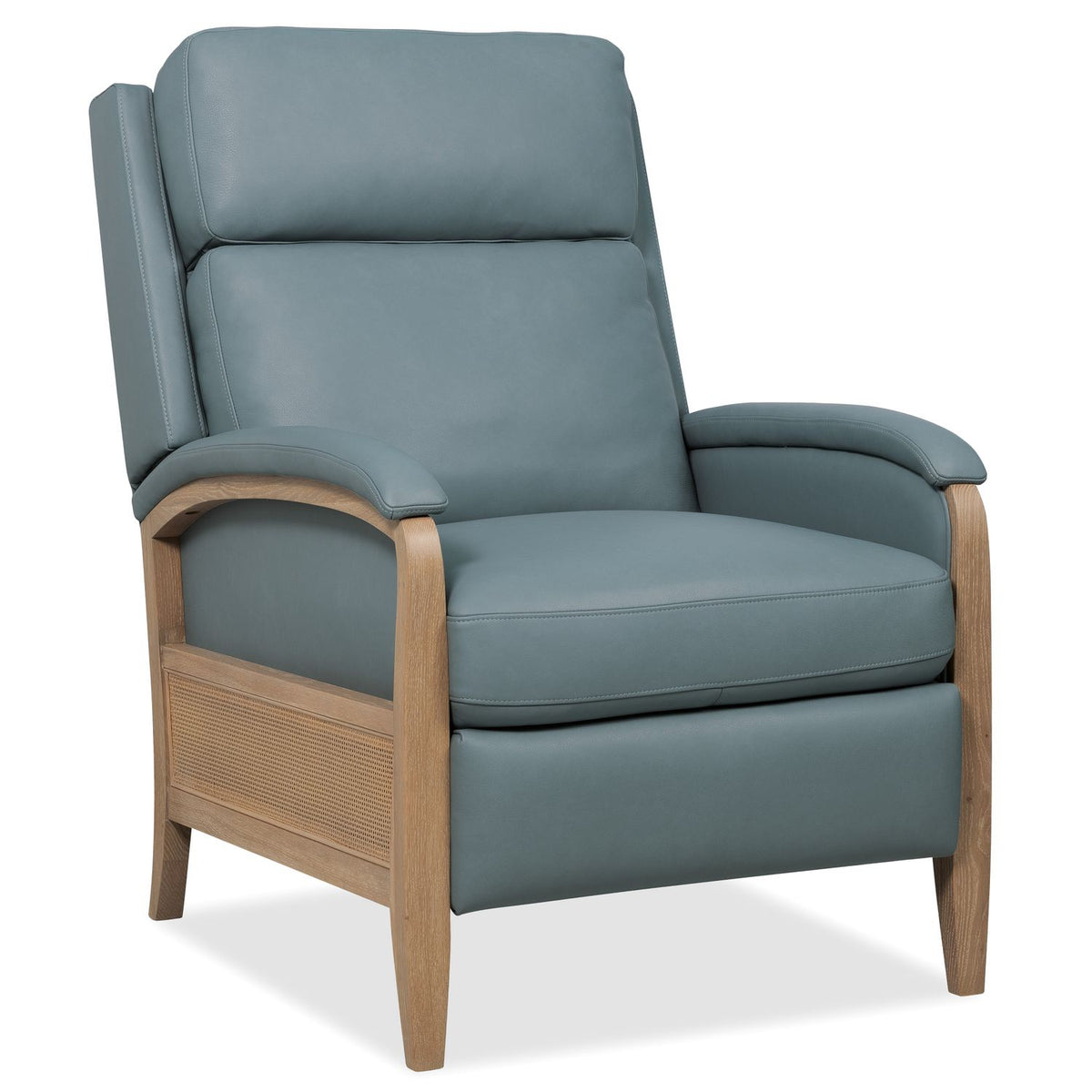Margaritaville Blue Guitar Manual Press-Back Recliner in Arroyo with light blue leather, primary product view