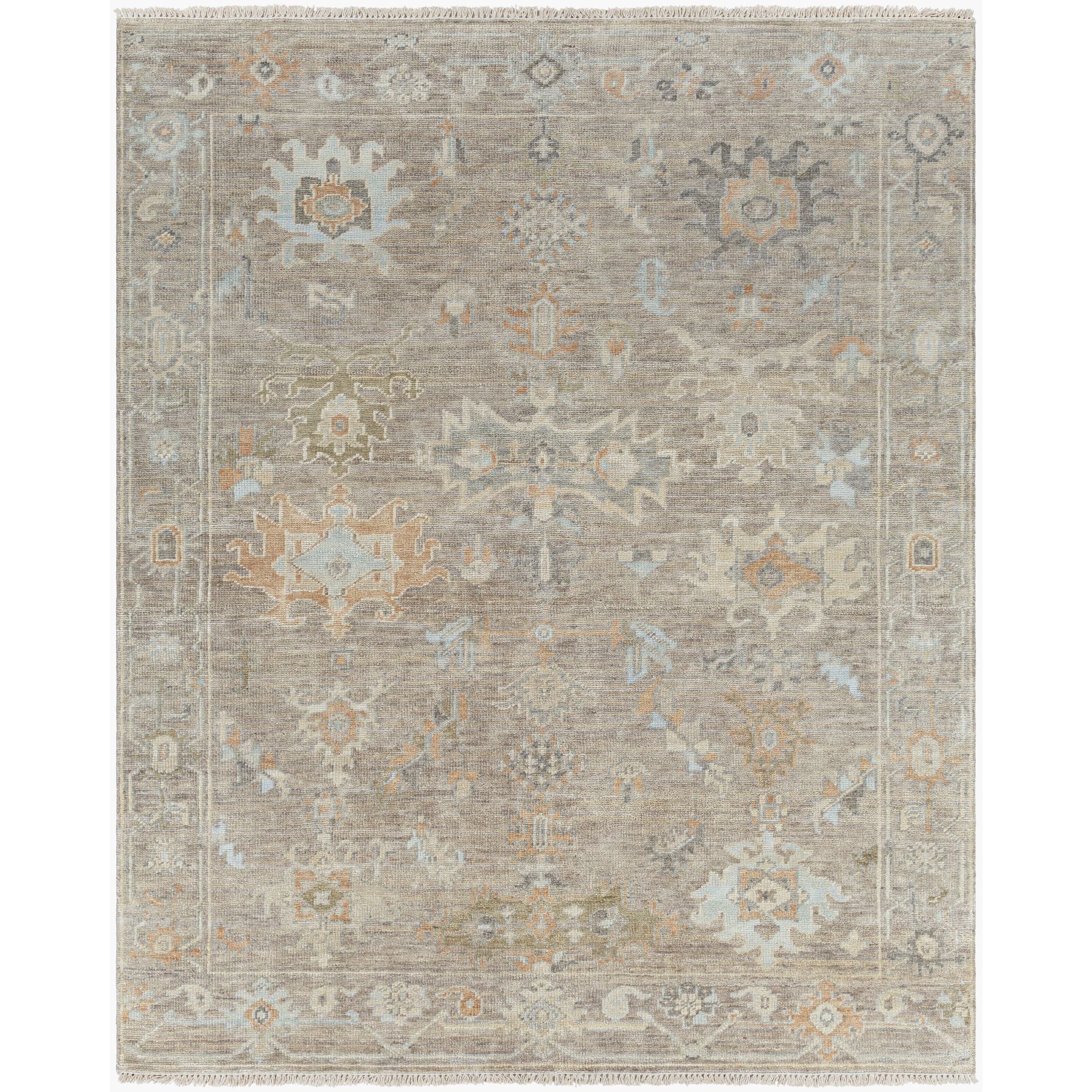 Surya Antalya AAT-2301 Hand Knotted Rug in Tan, Sage, Brown, Dark Brown, Metallic Silver and Light Brown