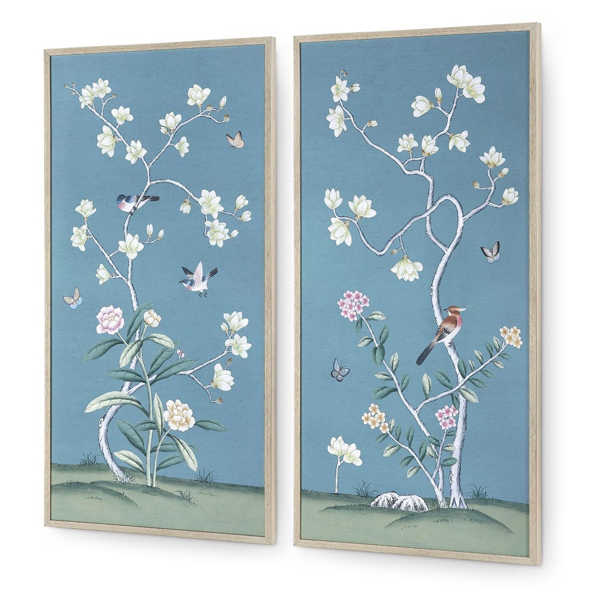 Villa and House Magnolia Mist Framed Silk Panel Pair