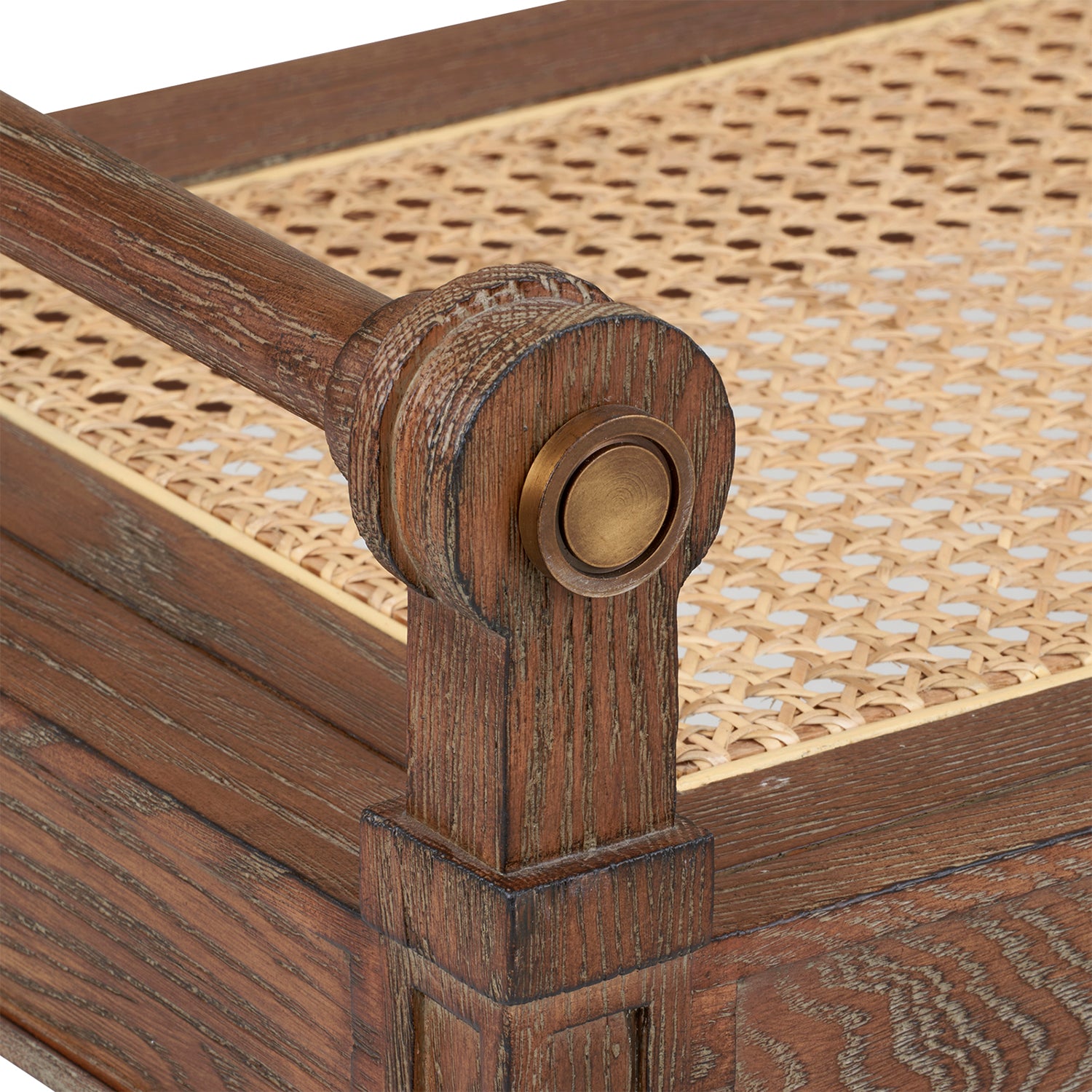 Vienna bench brass accent and turned leg detail close-up