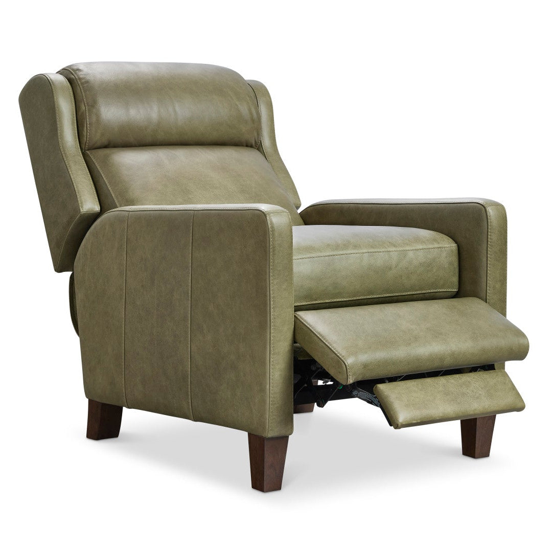 Bernhardt Motion Hampton Leather Recliner in Olive, angled three-quarter view