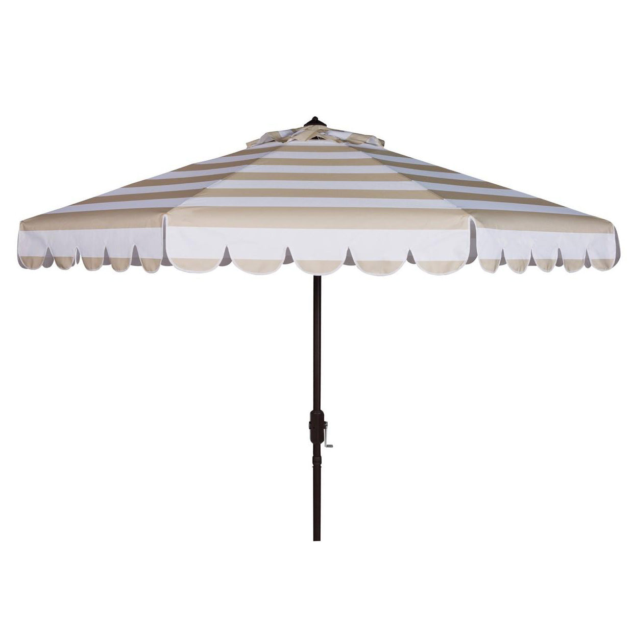 9 foot round patio umbrella Maui Single Scallop Striped 9' Crank Auto Tilt Umbrella - Beige/White