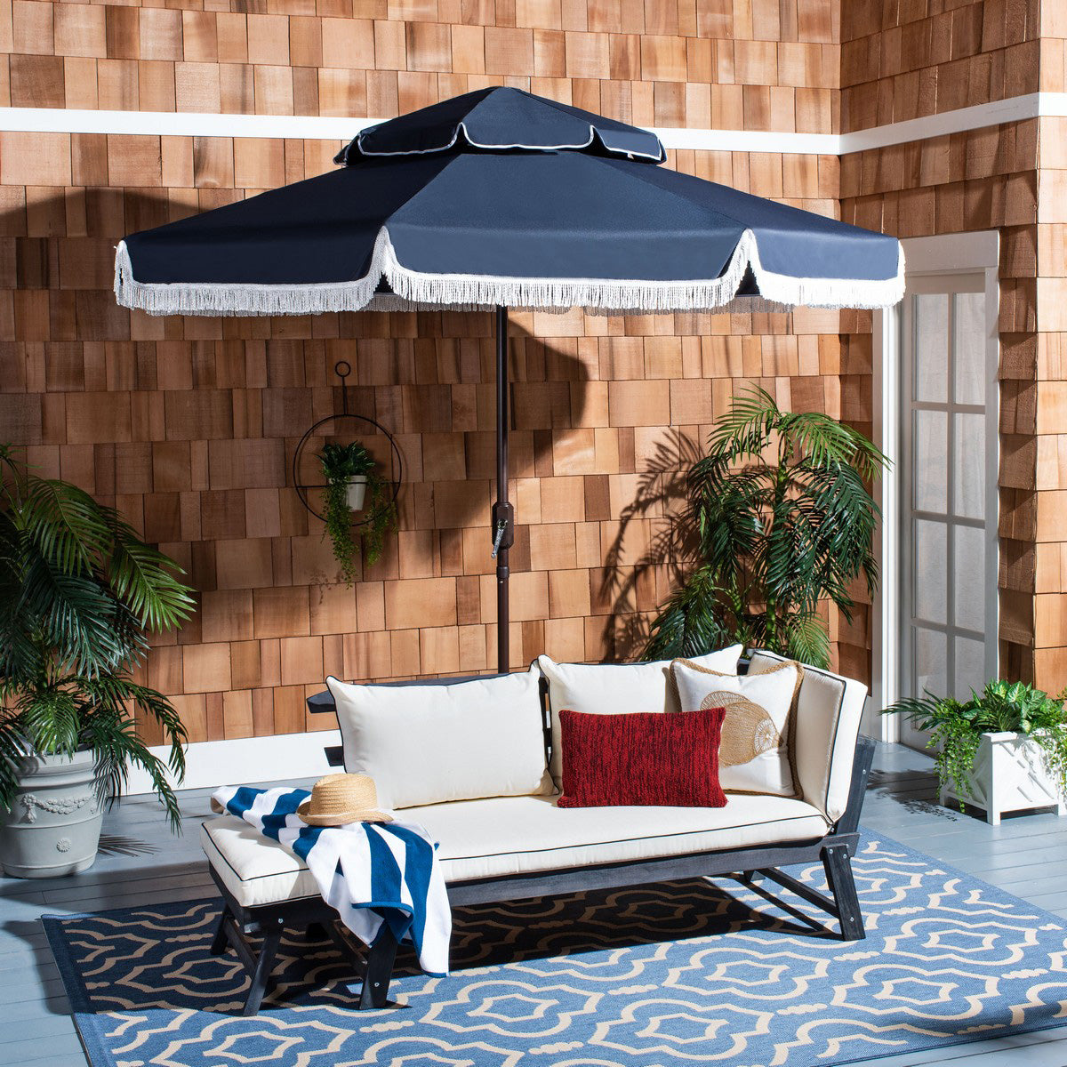Phoebe Fringe 9-ft Double Top Round Patio Umbrella