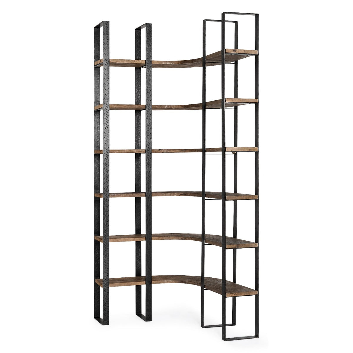 Mercana Turner II Curved Dark Brown Wood And Black Iron Six Shelving Unit in Black, Brown, primary product view