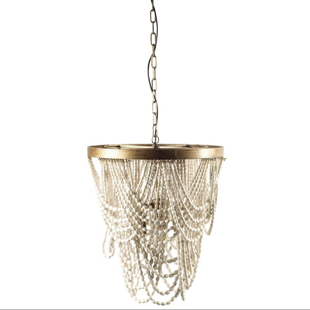 Mercana Pendra Gold Metal Whitewashed Wooden Bead Three Bulb Chandelier