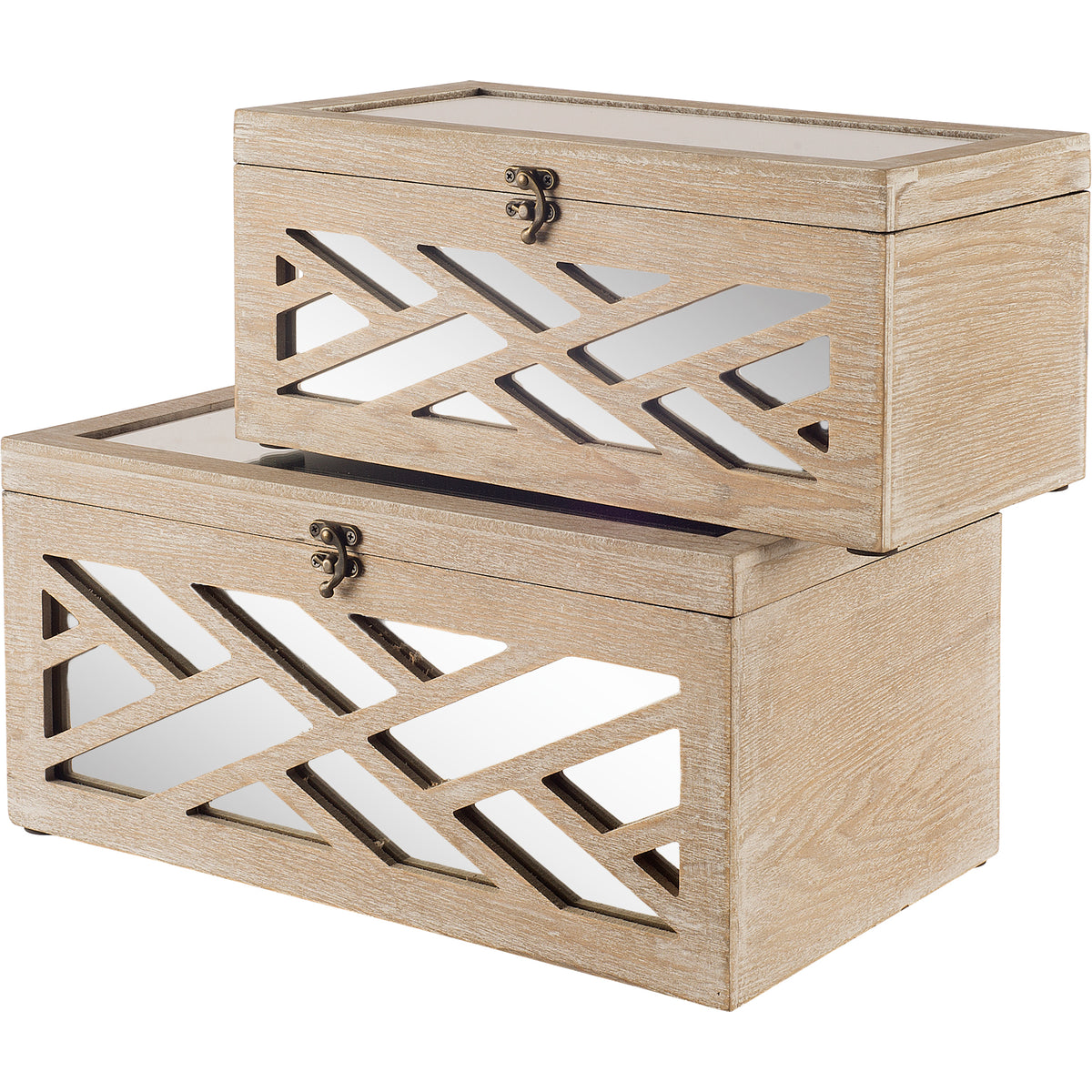 Mercana Tiffany Off-White Wooden w/Mirror Inlay Chevron Box Set of 2, primary product view
