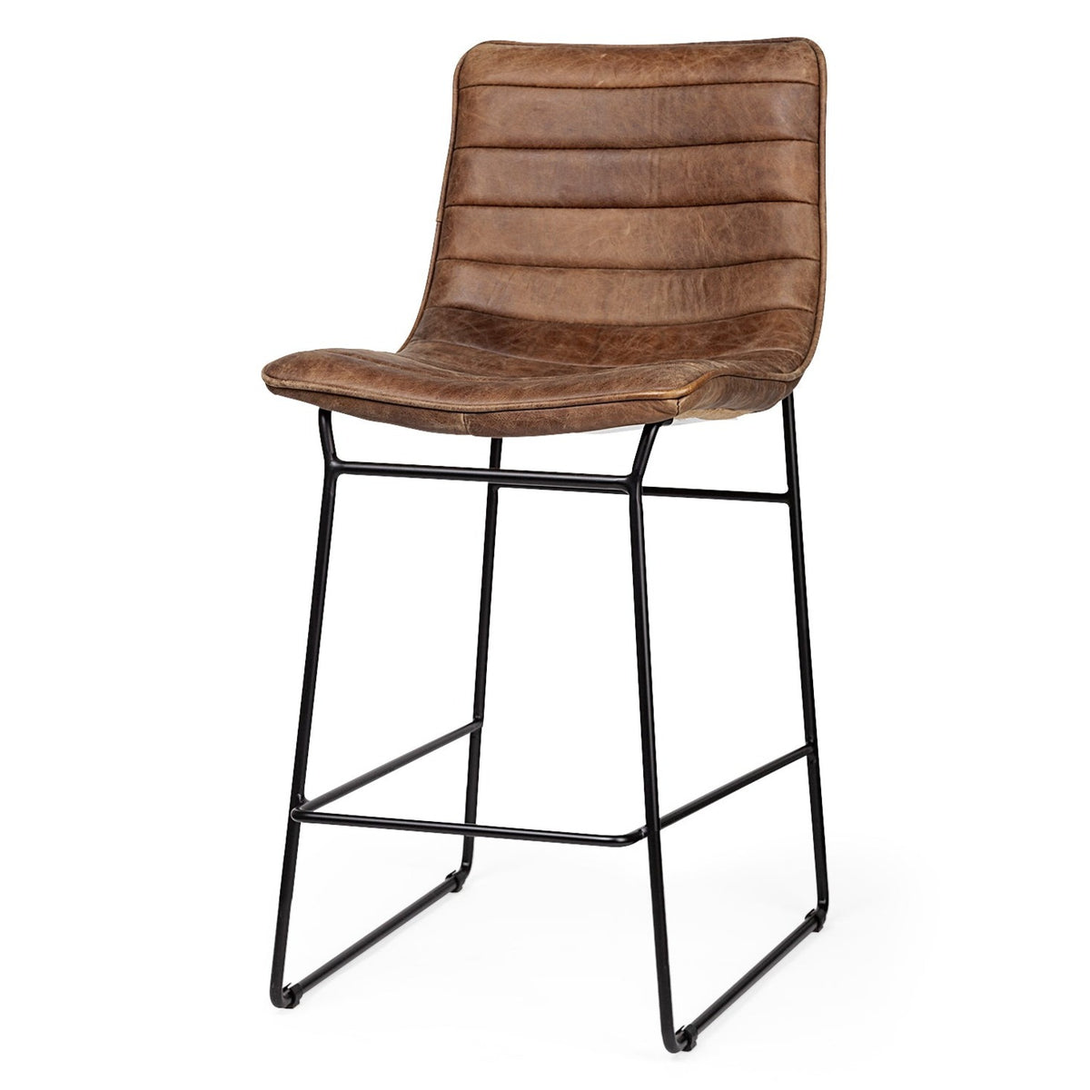 Mercana Meritt Brown Leather Seat Black Metal Frame Stool Set of 2, primary product view