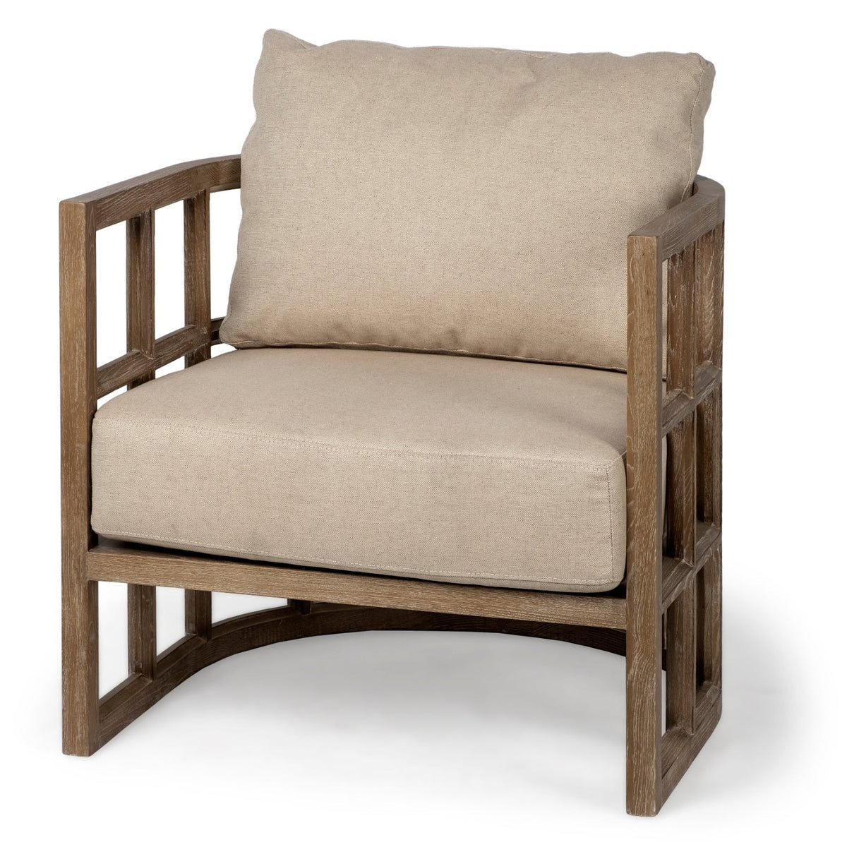 Mercana Skylar II Tan Covered Cushioned Demi-Lune Wooden Frame Accent Chair in Cream, primary product view