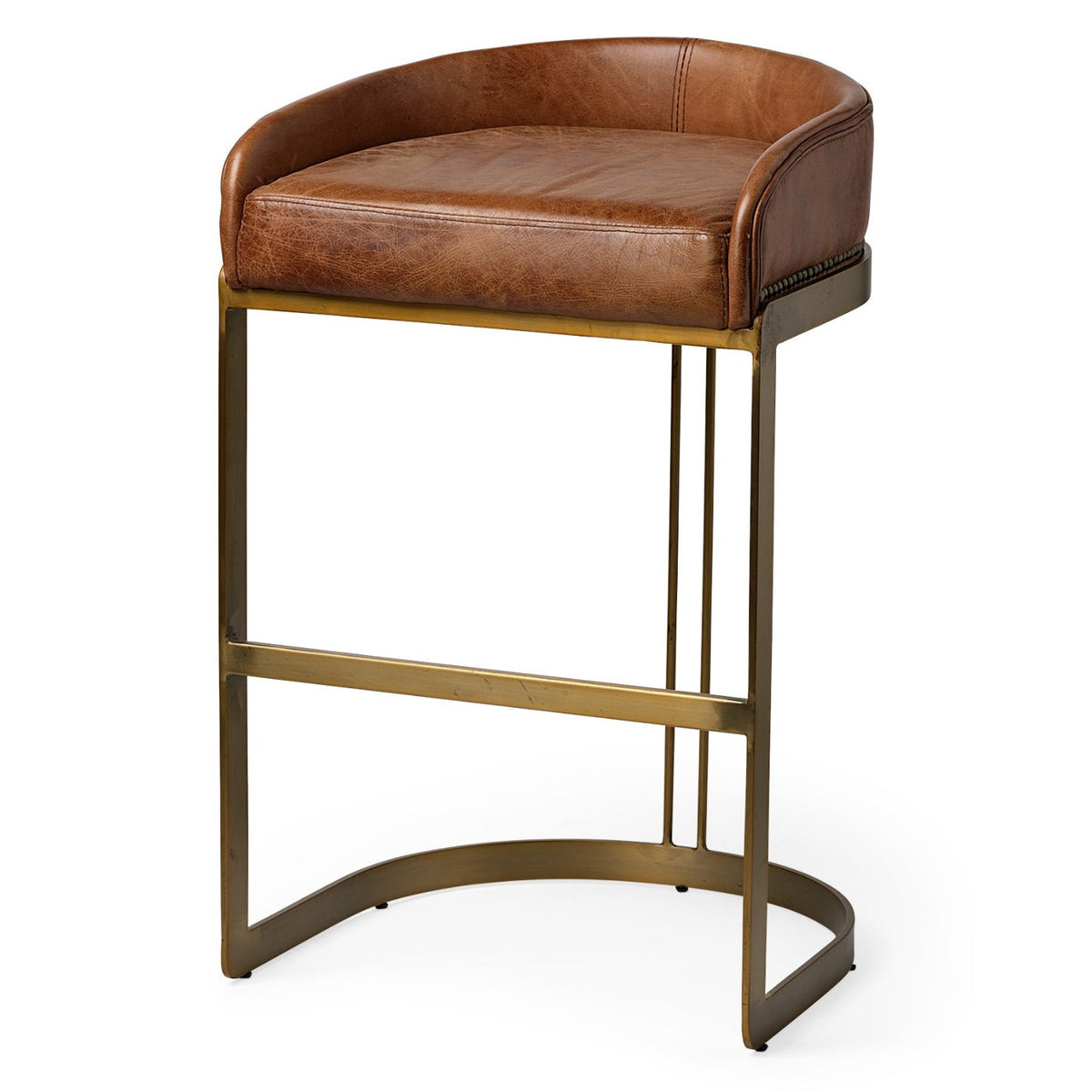 Mercana Hollyfield Cognac Brown Leather Seat Gold Metal Base Bar Stool Set of 2, primary product view