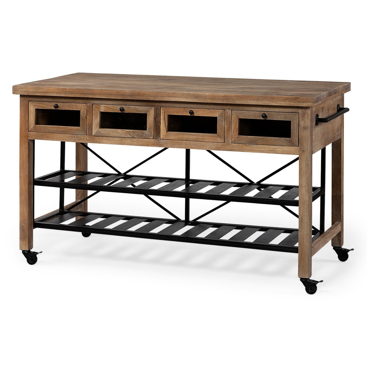 Mercana Stuart Brown Solid Wood Top Two-Tier Black Metal Rolling Kitchen Island, primary product view