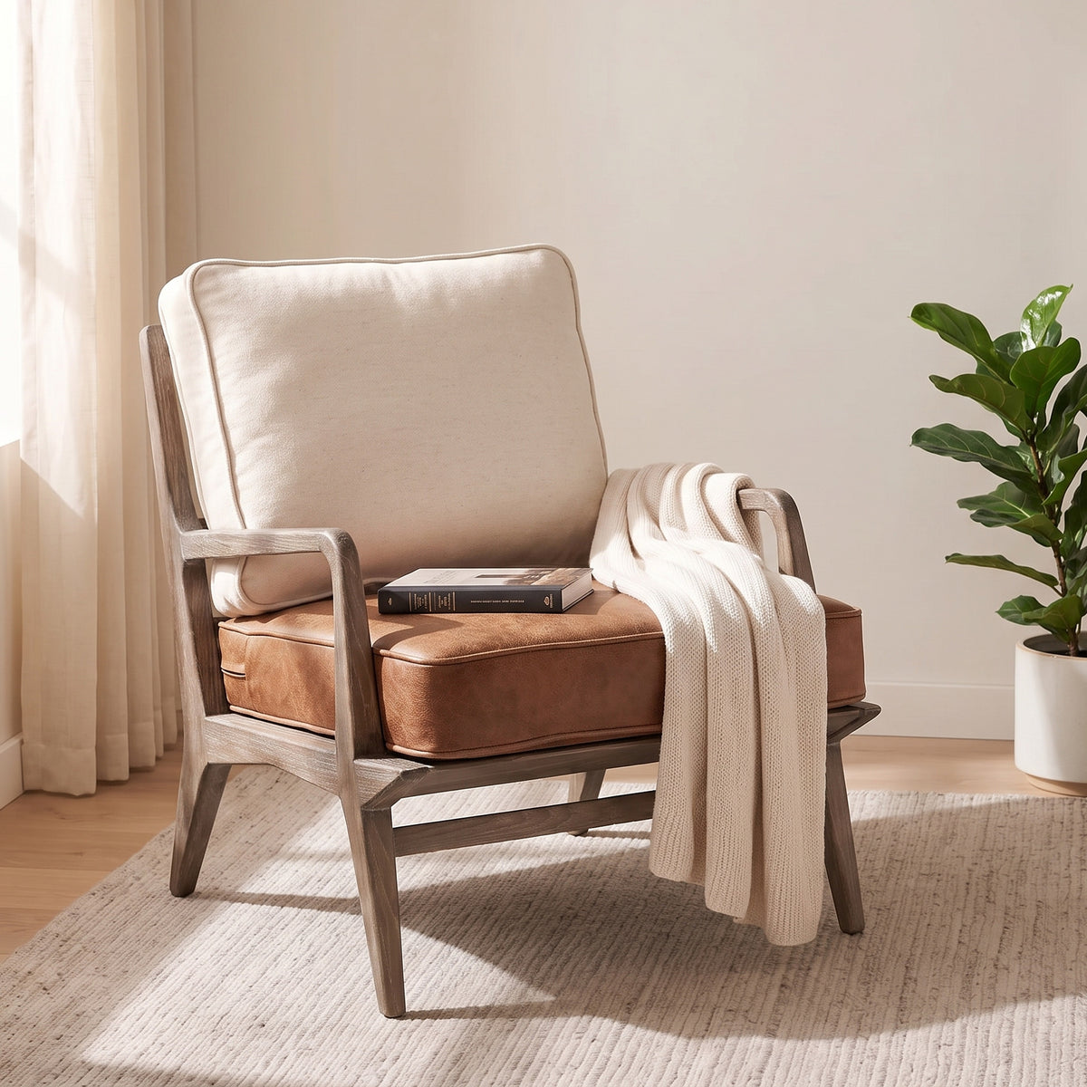 Mercana Harman II Cream Fabric and Brown Leather Seat Accent Chair
