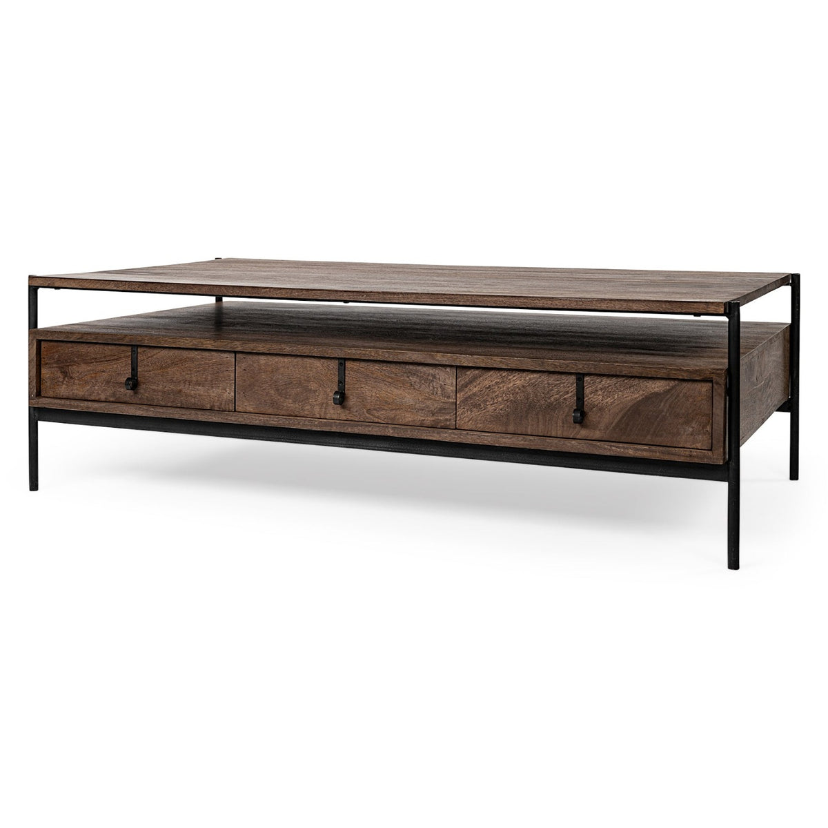 Mercana Glenn II Dark Brown Wood w/Black Iron Frame, Rectangle 3 Drawers Coffee Table, primary product view