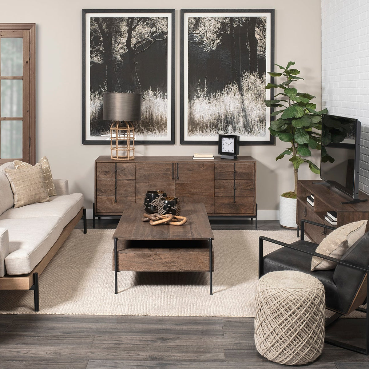 Mercana Glenn VI Dark Brown Wood Frame w/ Black Iron Accent, 6 Drawer, 2 Door Cabinet Sideboard