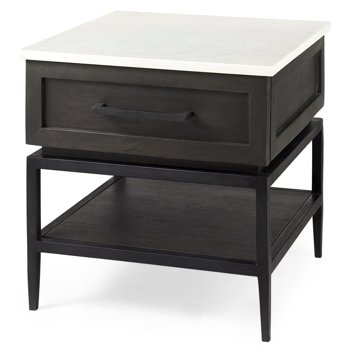 Mercana Divina Black-Brown Wood w/White Marble Top and Black Metal Base 1 Drawer Side Table Set of 2, primary product view