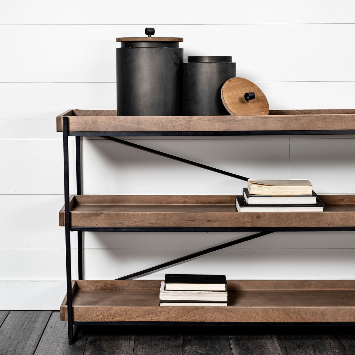 Mercana Trey I 80L x 16W Brown Wood and Black Iron Console Table