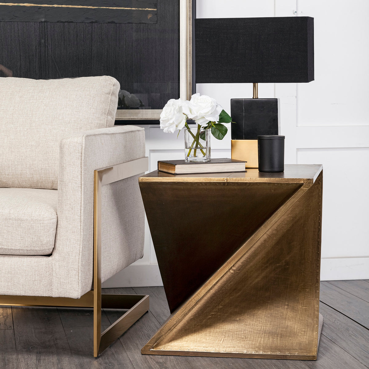 Mercana Zelda 20L x 20W Gold Metal-Cladded Z-Shaped Wooden Accent Table