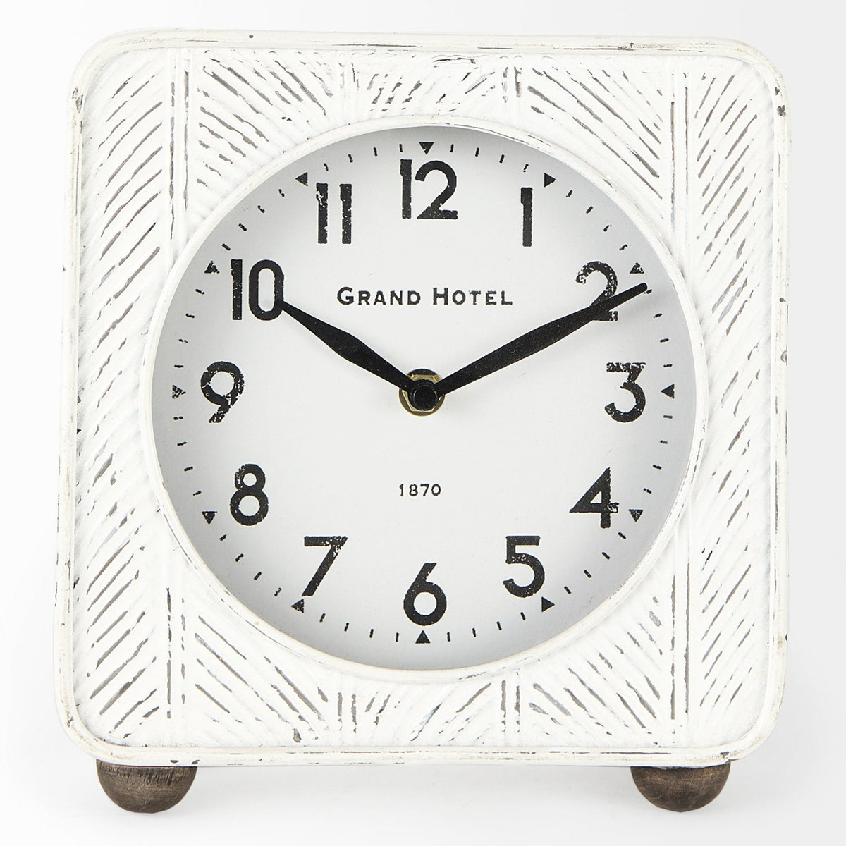 Mercana Karl 8.0L x 2.8W x 8.8H Rustic White Iron Rounded Square Table Clock