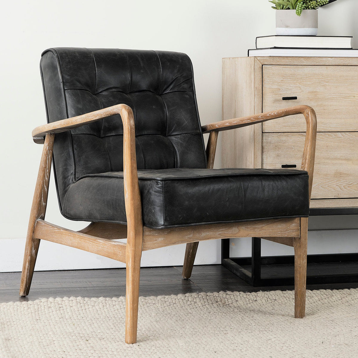 Mercana Phineas Black Leather W/ Brown Wooden Frame Accent Chair
