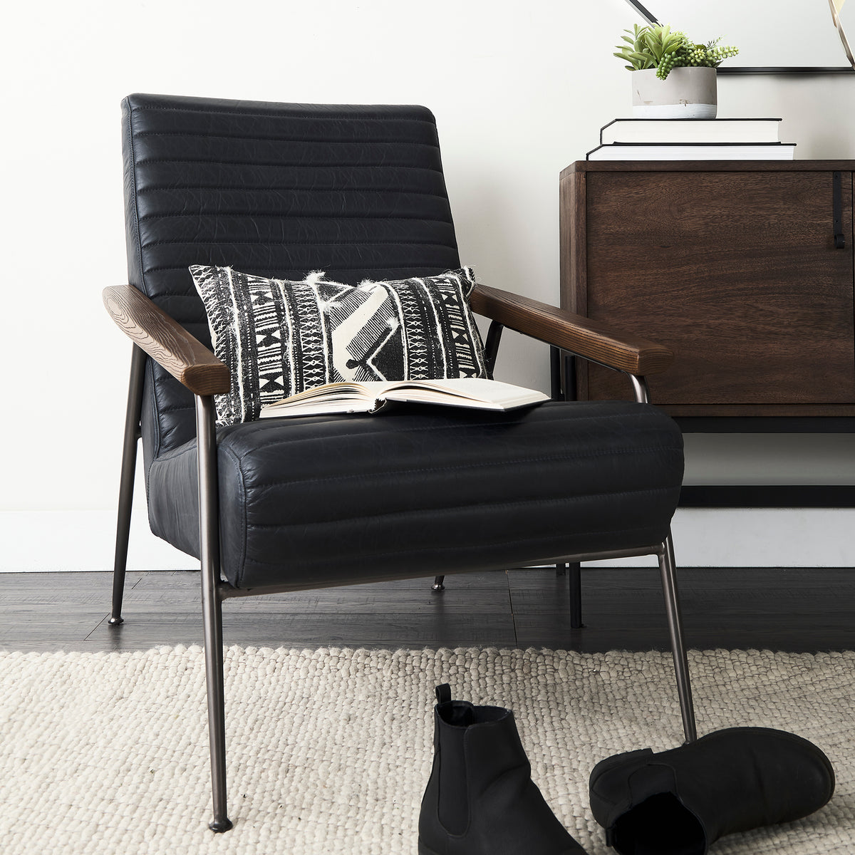 Mercana Grosjean Black Leather Wrap Metal Frame Accent Chair