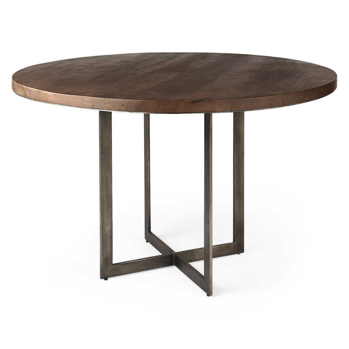 Mercana Faye Med Brown Wood & Antique Nickel Metal Round Dining Table, primary product view