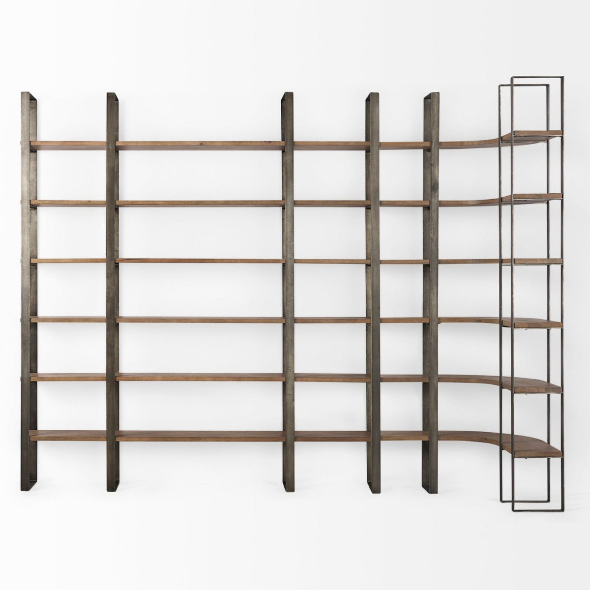 Mercana Taunton 80L x 10.5W x 90H Medium Brown Wood W/ Antique Nickel Metal Frame 6 Tier Shelving Unit