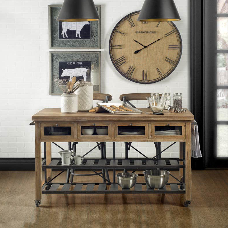 Mercana Stuart I Brown Solid Wood Top Two-Tier Black Metal Rolling Kitchen Island