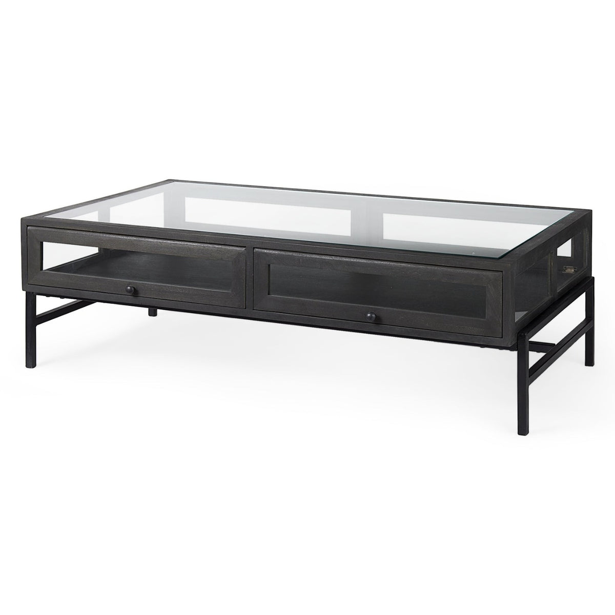 Mercana Arelius Rectangular Glass-Top Black Wood w/Black Metal Base Display Coffee Table, primary product view