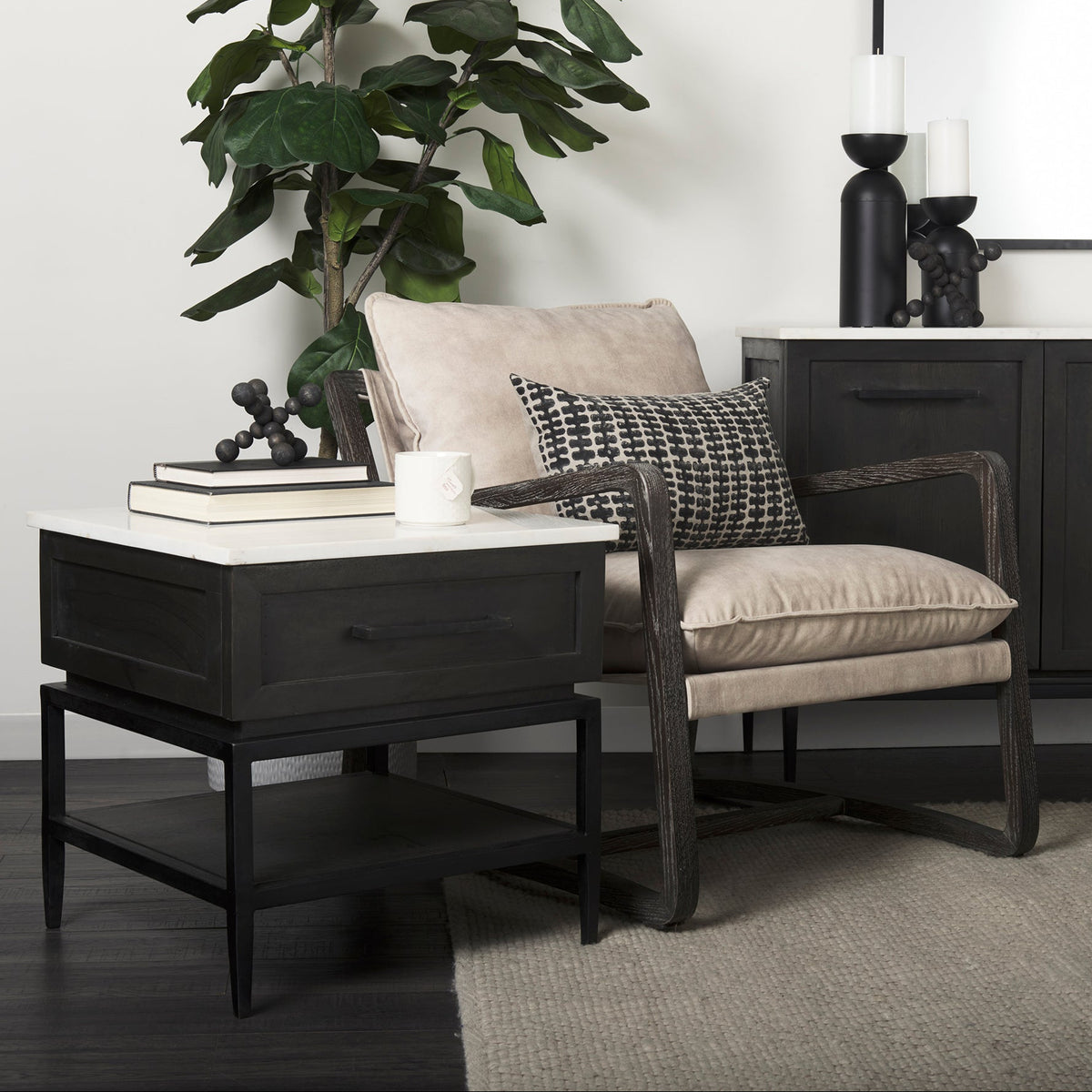 Mercana Divina Black-Brown Wood w/ White Marble Top and Black Metal Base 1 Drawer Side Table