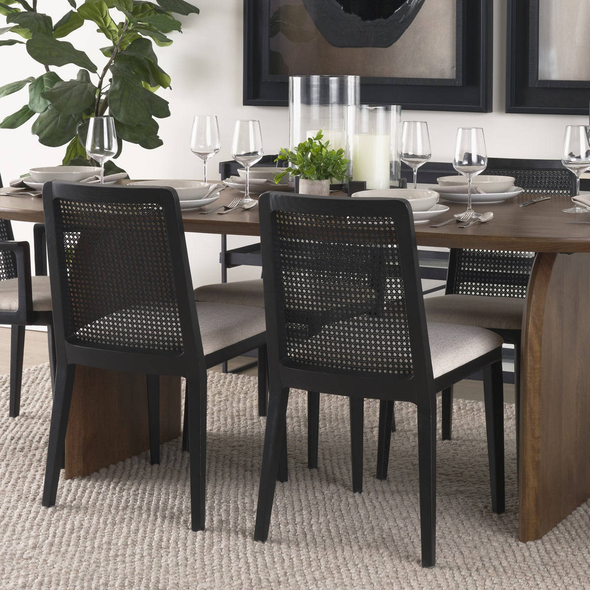Mercana Clara Cane Back Dining Side Chair | Cream Fabric w/ Black Wood