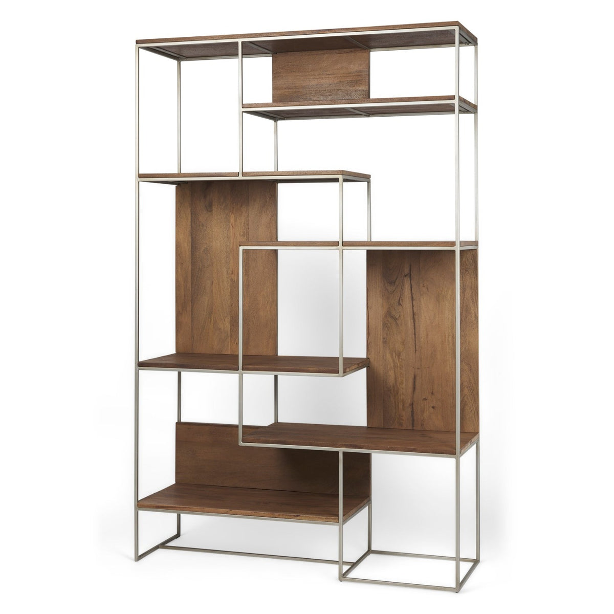 Mercana Morris III Brown Wood and Silver Metal Frame 6 Shelf Shelving Unit, primary product view