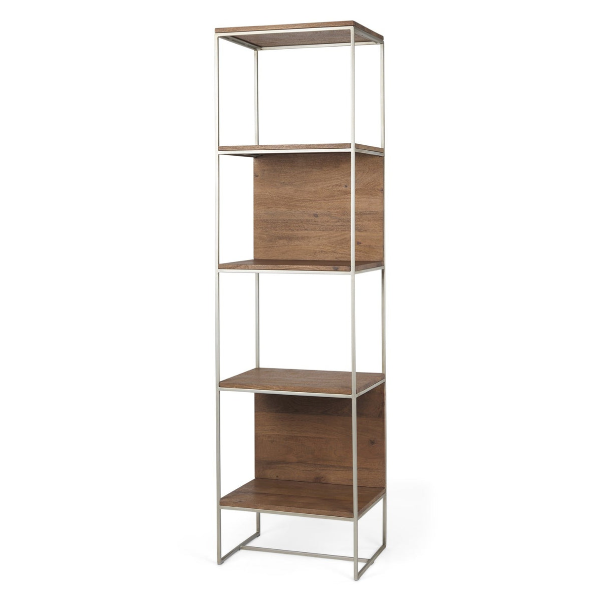 Mercana Morris II Brown Wood and Silver Metal Frame 4 Shelf Shelving Unit, primary product view