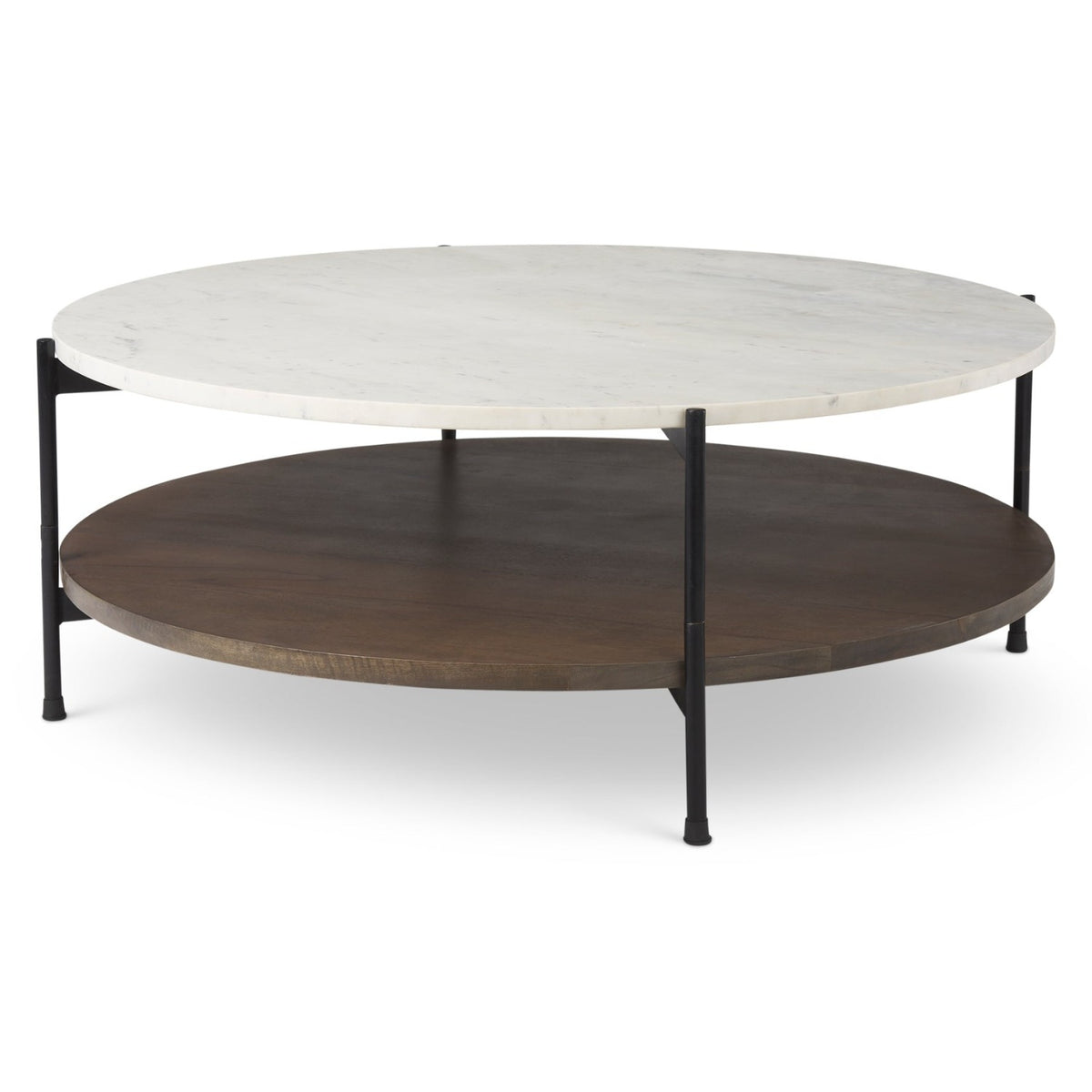Mercana Larkin Round Two-Tier White Marble Top and Solid Wood Shelf w/Black Metal in Brown, White, primary product view