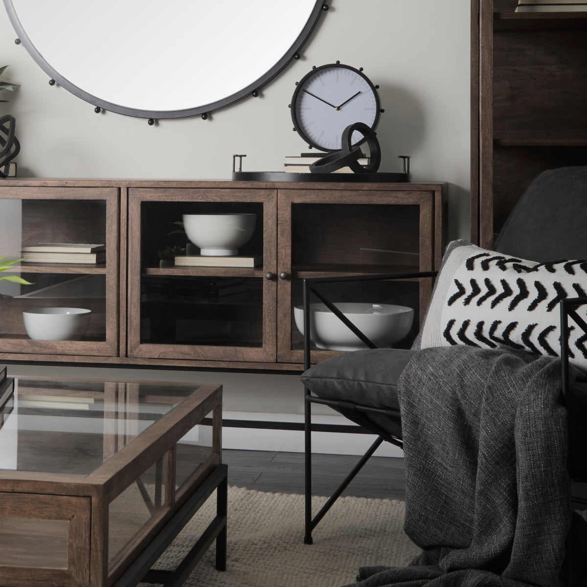 Mercana Arelius 70L x 18.75W x 32H Medium Brown, Black Metal Base w/ 4 Glass Door Cabinets Sideboard
