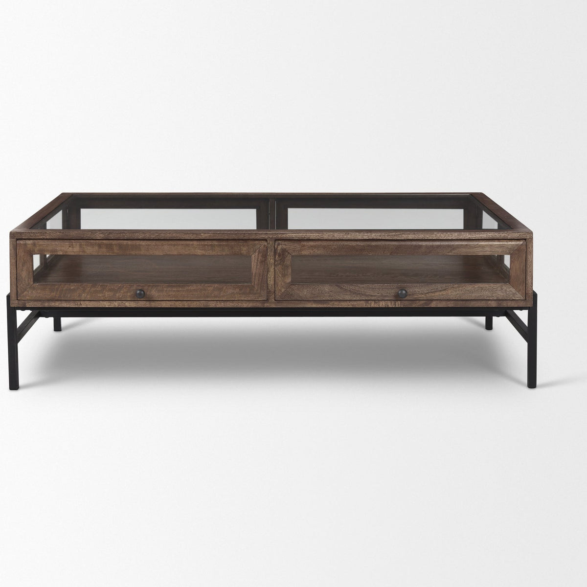 Mercana Arelius 49.5"L Rectangular Glass-Top Medium Brown Wood w/ Black Metal Base Display Coffee Table