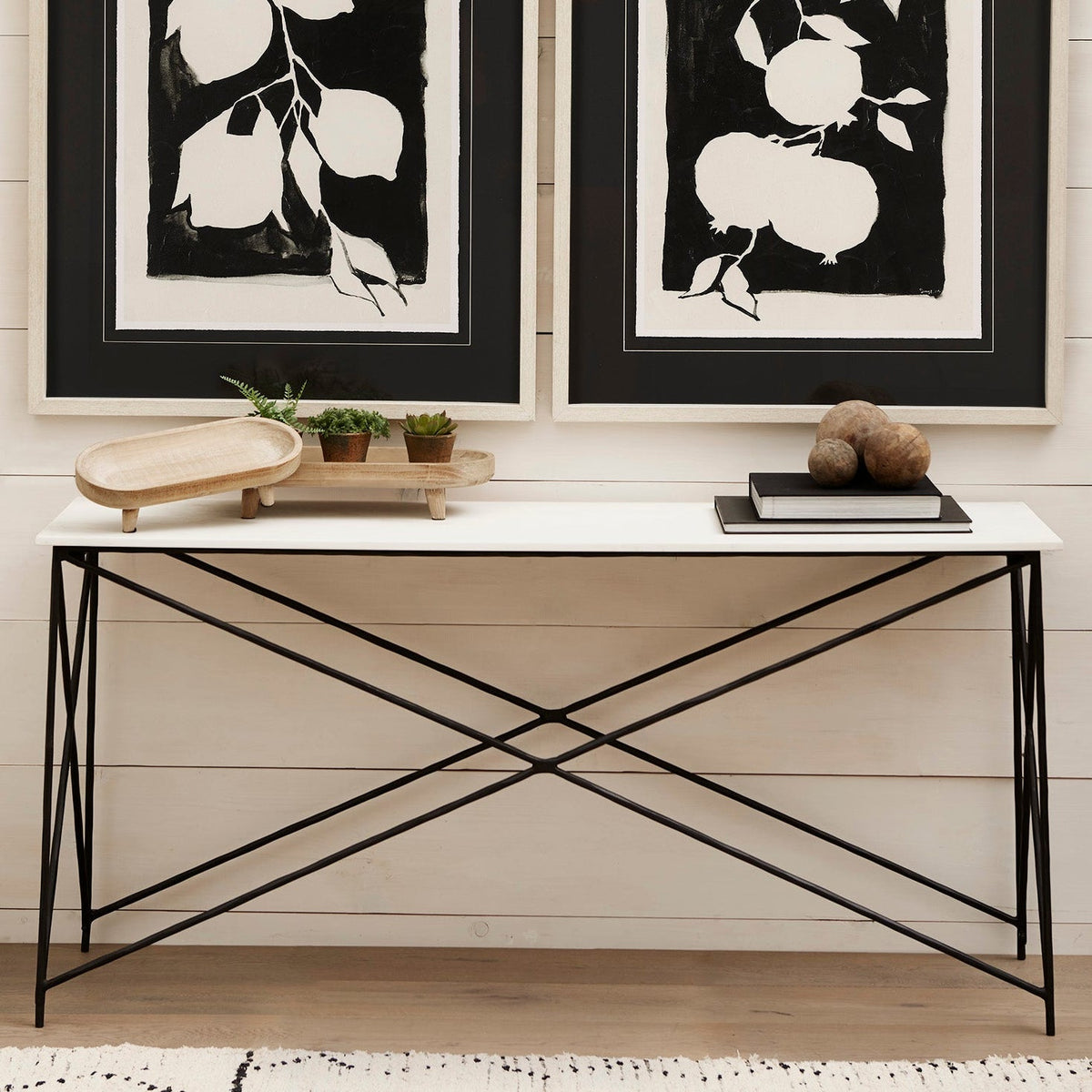 Mercana Lorlei Marble Top w/Gray Iron Base Console Table in Black, primary product view