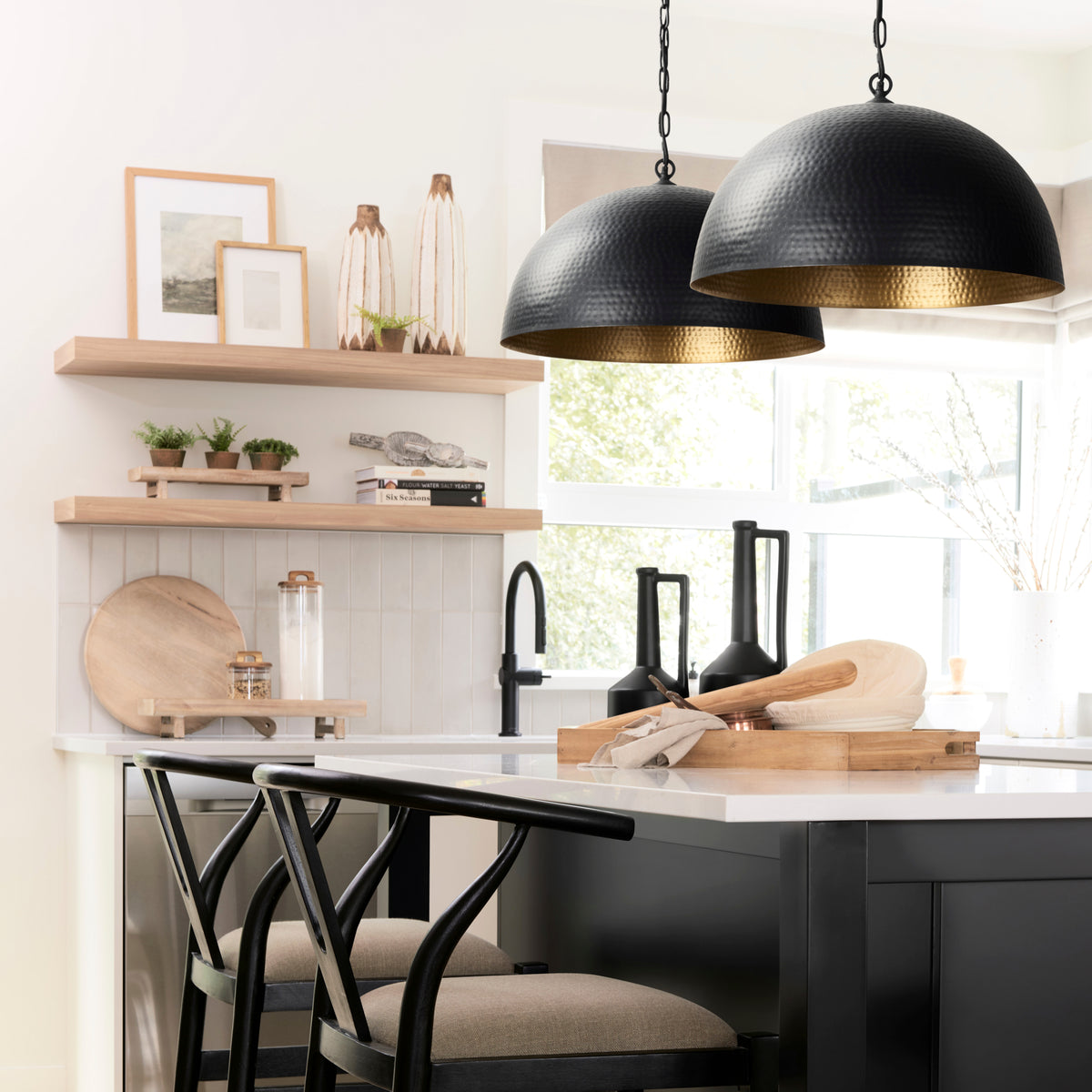 Mercana Karina 24" Round Matte Black Hammered Metal Dome Pendant Light