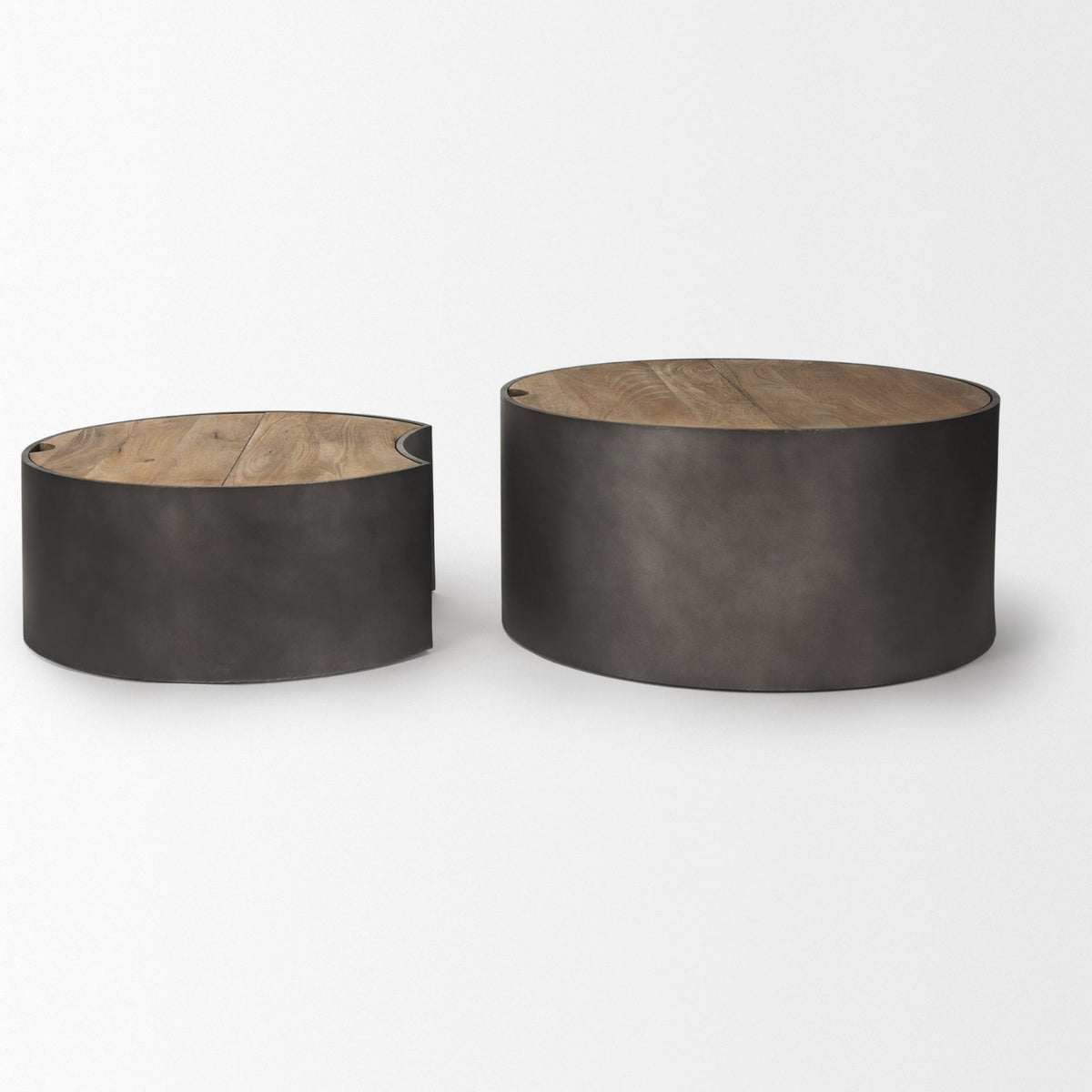 Mercana Eclipse Gunmetal Gray Drum Base w/ Brown Wood Top Nested Coffee Table
