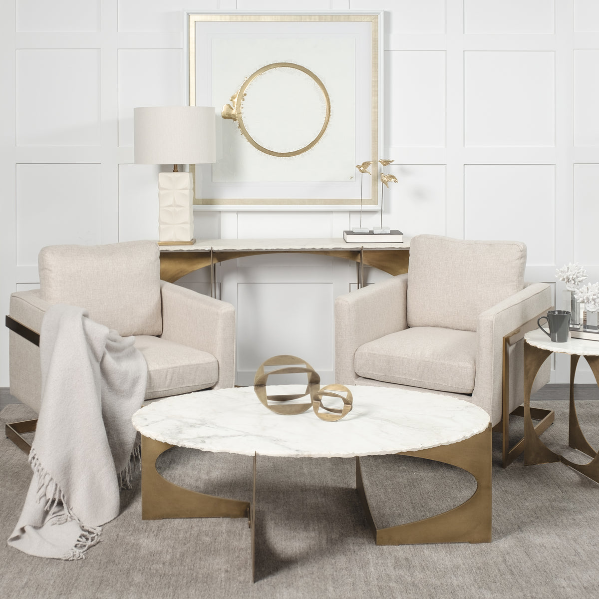 Mercana Reinhold 49" Round White Marble Top Gold Metal Base Coffee Table