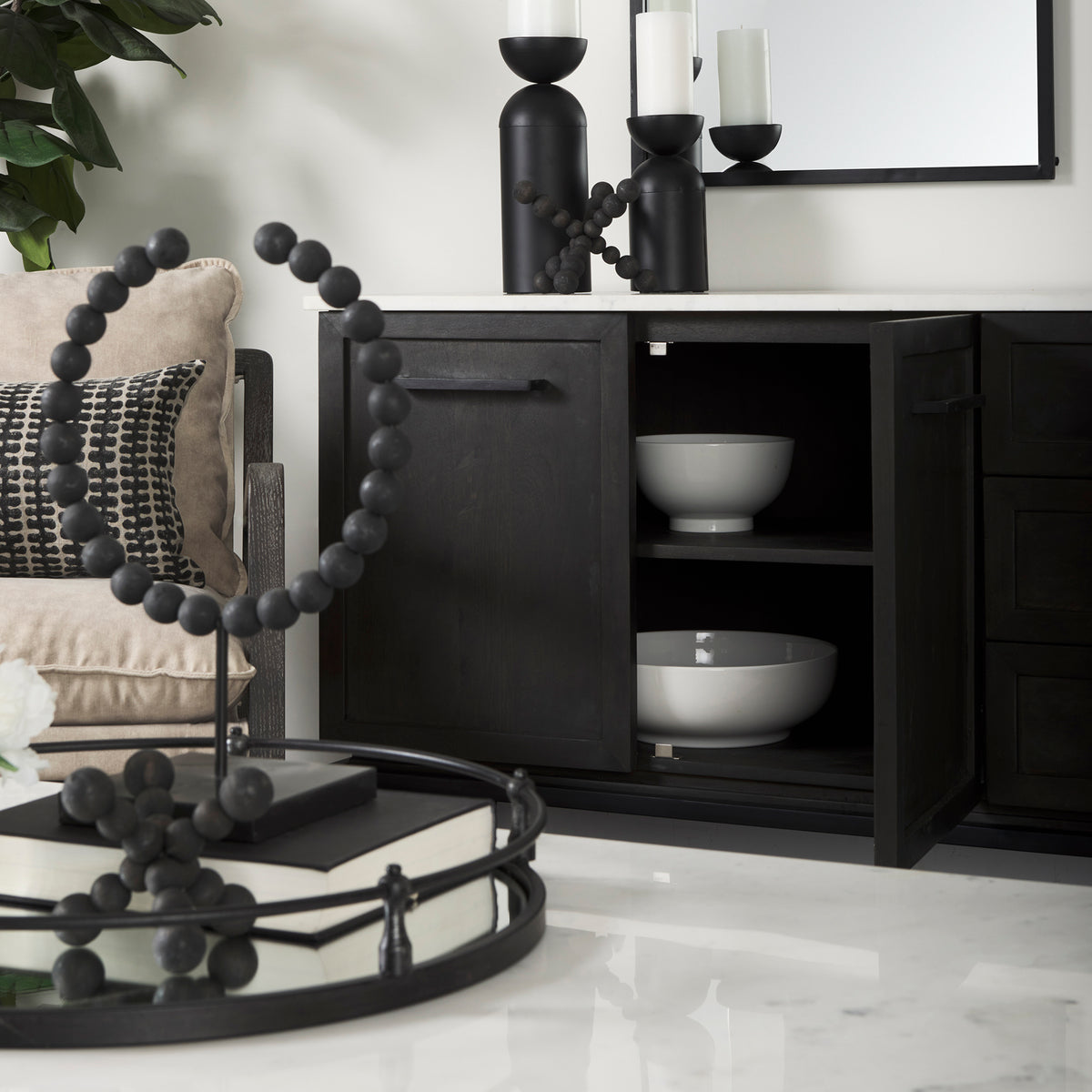 Mercana Divina Black-Brown Wood w/ White Marble Top and Black Metal Base Sideboard